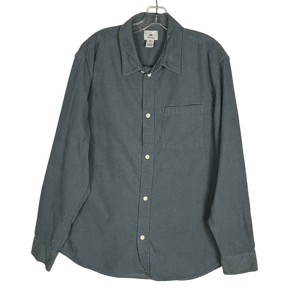 H&M Corduroy Shirt Men's Size L Long Sleeve Grayish Blue Button Front Cotton